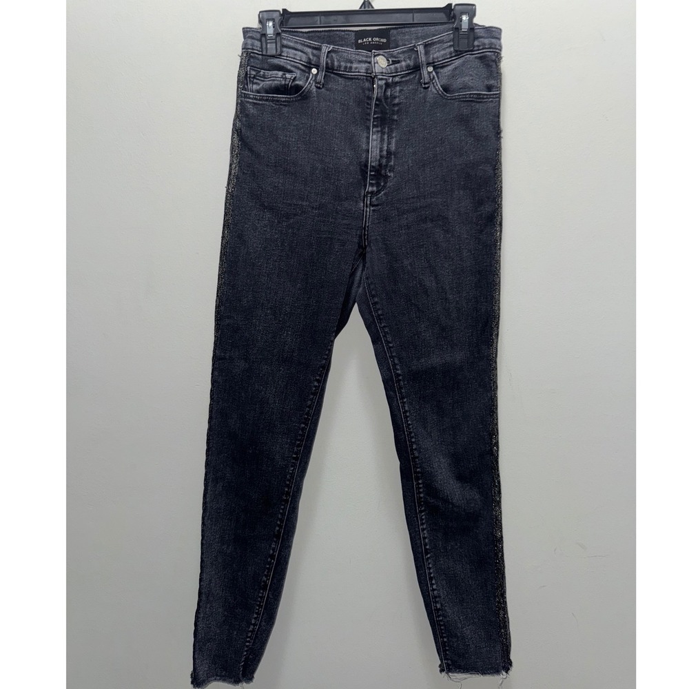 Black Orchid Carmen Women 29 Black Skinny Jean Rhinestone Side Stripe Ankle Fray